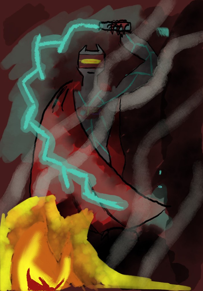 Science-fiction alien with electric whip in burning environment
