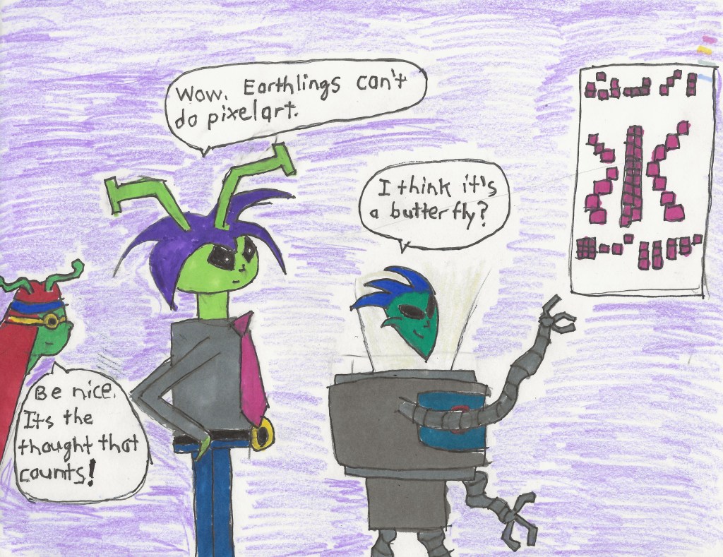 Three aliens observe Arecibo Message from Earth and think Earthlings are bad at pixel art.  